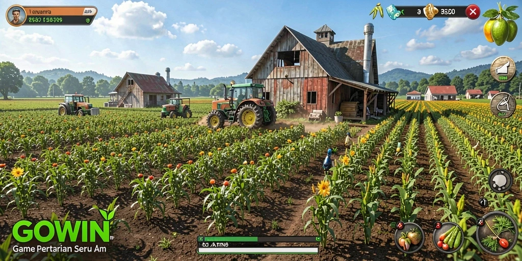 Gameplay menarik di GOWIN saat bertani di ladang yang subur.