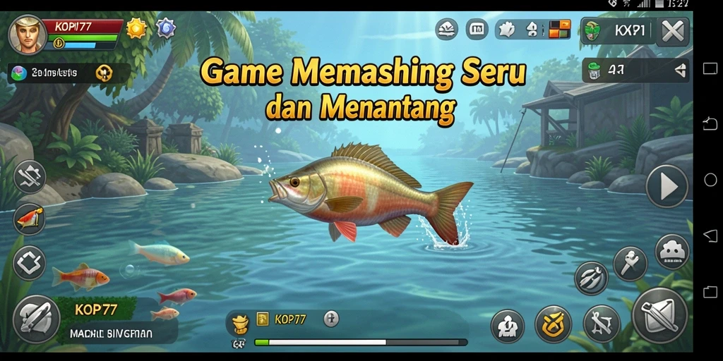 Screenshot gameplay KOPI77 menampilkan pemain sedang memancing di danau indah.