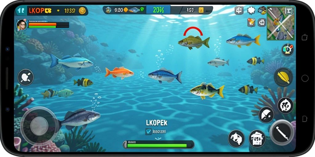 Screenshot utama LKOPEN menampilkan aksi seru menembak ikan.
