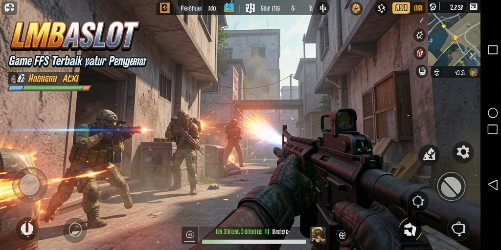 Screenshot gameplay LMBASLOT menampilkan aksi tembak-menembak yang seru.