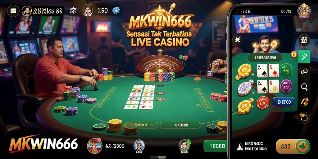 Screenshot gameplay MKWIN666 dengan dealer langsung dan suasana kasino.
